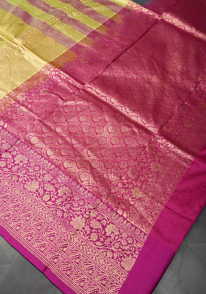 Frost Mint-Pale Yellow Zari Buttas on Pure Banarasi Katan Silk Saree with Stripes and Zari Border | SILK MARK CERTIFIED