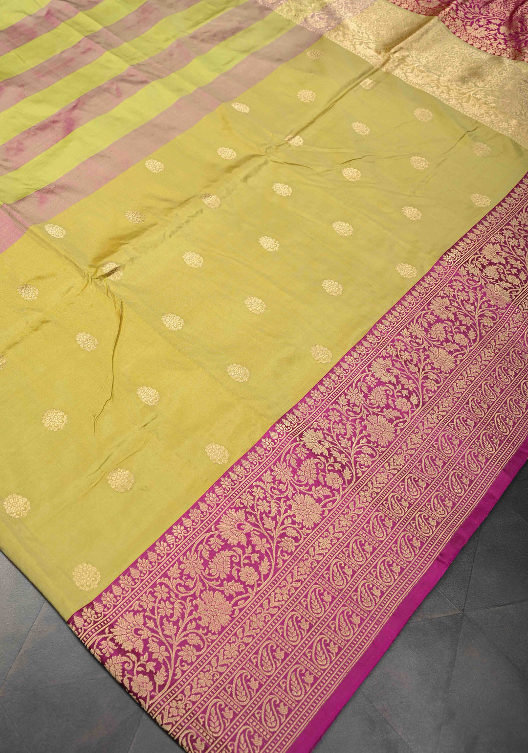 Frost Mint-Pale Yellow Zari Buttas on Pure Banarasi Katan Silk Saree with Stripes and Zari Border | SILK MARK CERTIFIED