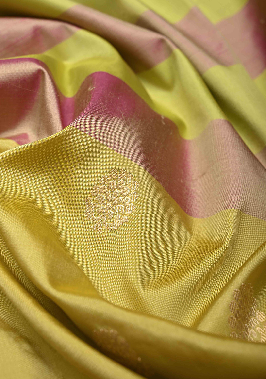 Frost Mint-Pale Yellow Zari Buttas on Pure Banarasi Katan Silk Saree with Stripes and Zari Border | SILK MARK CERTIFIED
