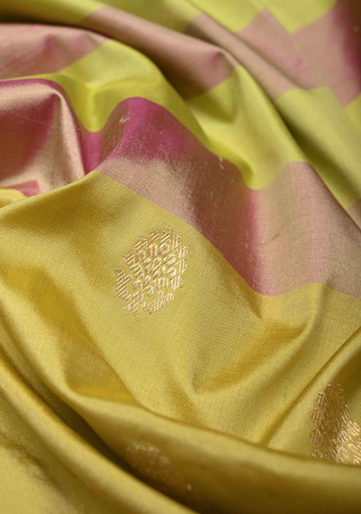 Frost Mint-Pale Yellow Zari Buttas on Pure Banarasi Katan Silk Saree with Stripes and Zari Border | SILK MARK CERTIFIED