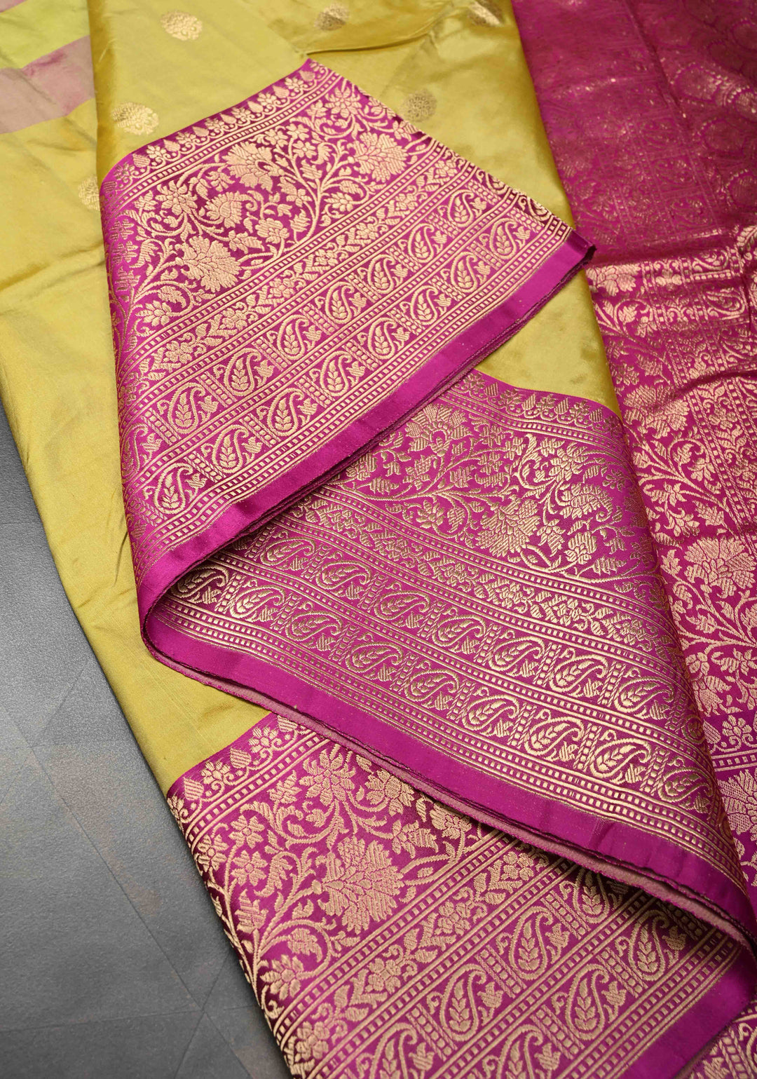 Frost Mint-Pale Yellow Zari Buttas on Pure Banarasi Katan Silk Saree with Stripes and Zari Border | SILK MARK CERTIFIED