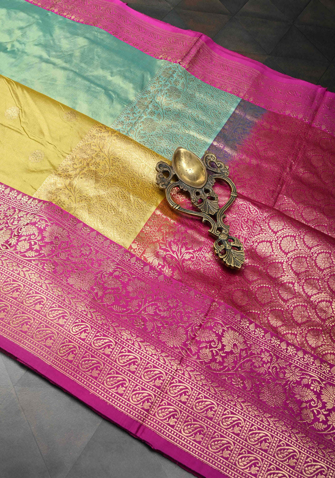 Frost Mint-Pale Yellow Zari Buttas on Pure Banarasi Katan Silk Saree with Stripes and Zari Border | SILK MARK CERTIFIED