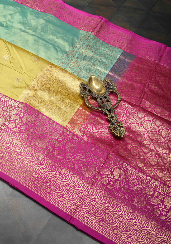 Frost Mint-Pale Yellow Zari Buttas on Pure Banarasi Katan Silk Saree with Stripes and Zari Border | SILK MARK CERTIFIED