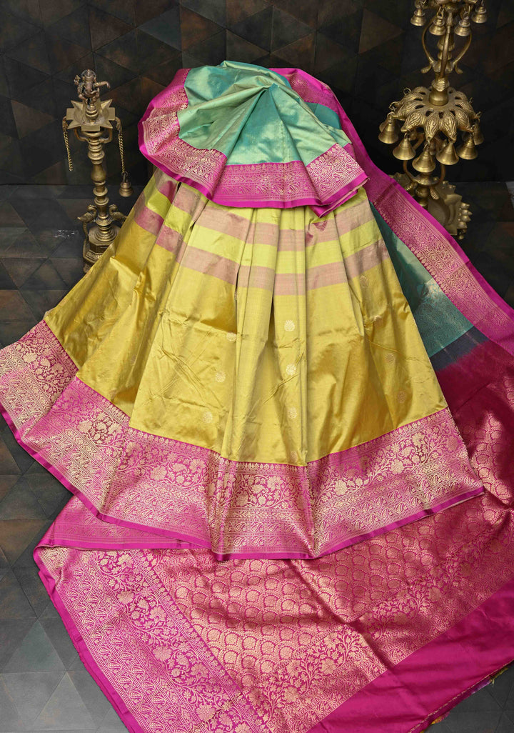 Frost Mint-Pale Yellow Zari Buttas on Pure Banarasi Katan Silk Saree with Stripes and Zari Border | SILK MARK CERTIFIED