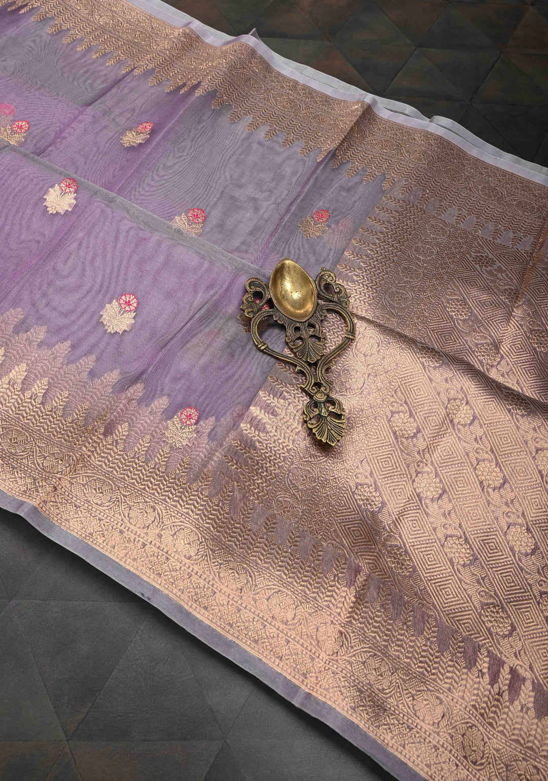 Purplish Grey Pure Banarasi Organza Silk Saree with Meenakari Buttas and Zari Border | SILK MARK CERTIFIED