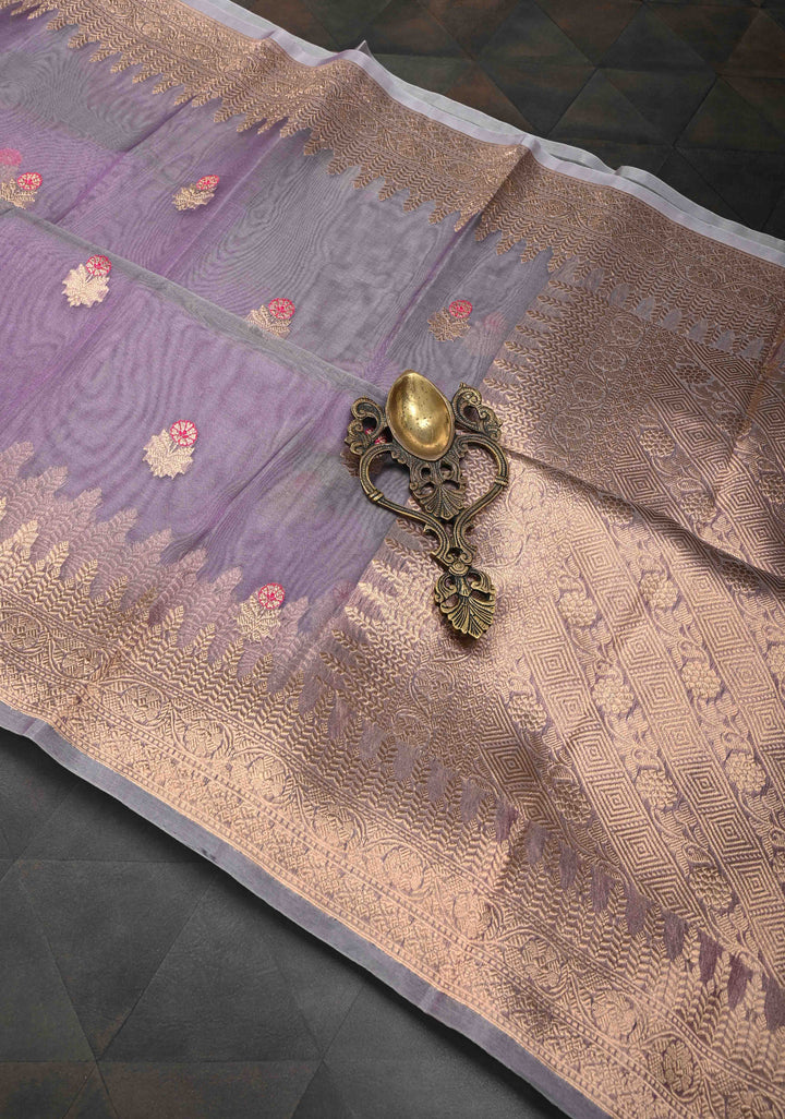 Purplish Grey Pure Banarasi Organza Silk Saree with Meenakari Buttas and Zari Border | SILK MARK CERTIFIED
