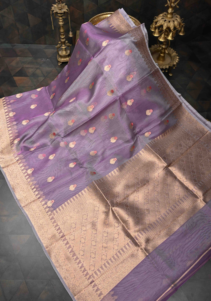 Purplish Grey Pure Banarasi Organza Silk Saree with Meenakari Buttas and Zari Border | SILK MARK CERTIFIED
