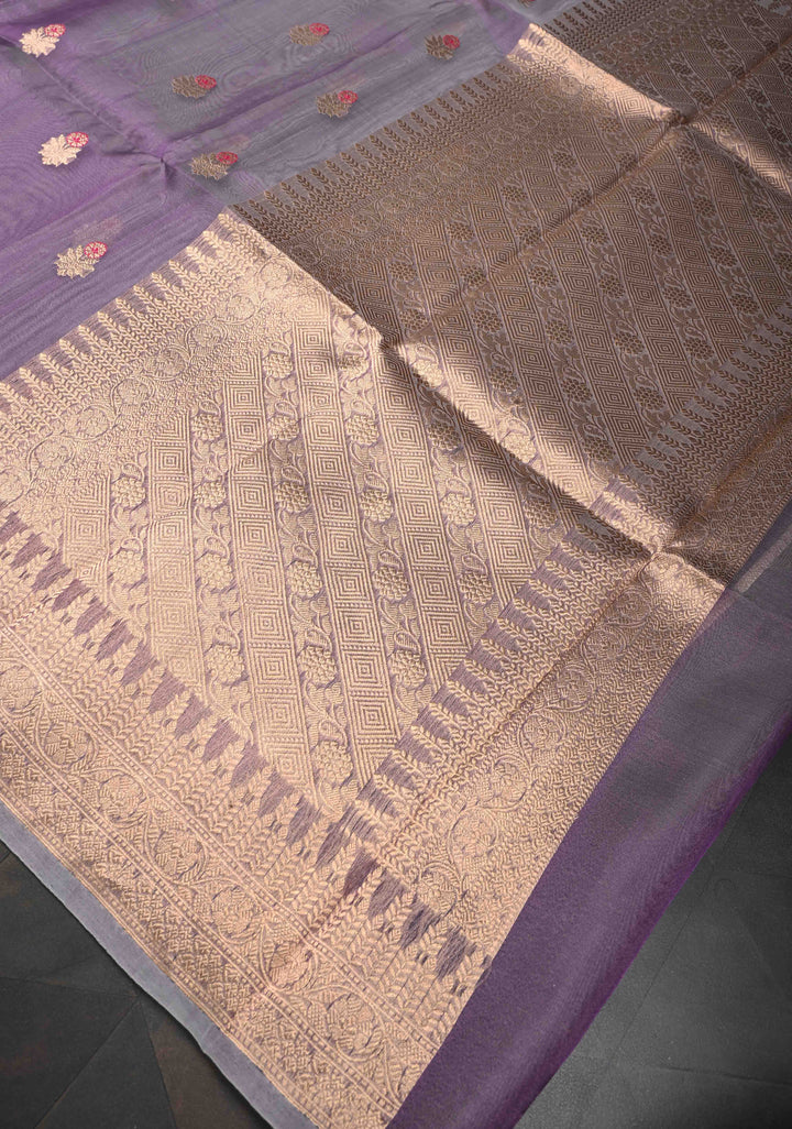 Purplish Grey Pure Banarasi Organza Silk Saree with Meenakari Buttas and Zari Border | SILK MARK CERTIFIED