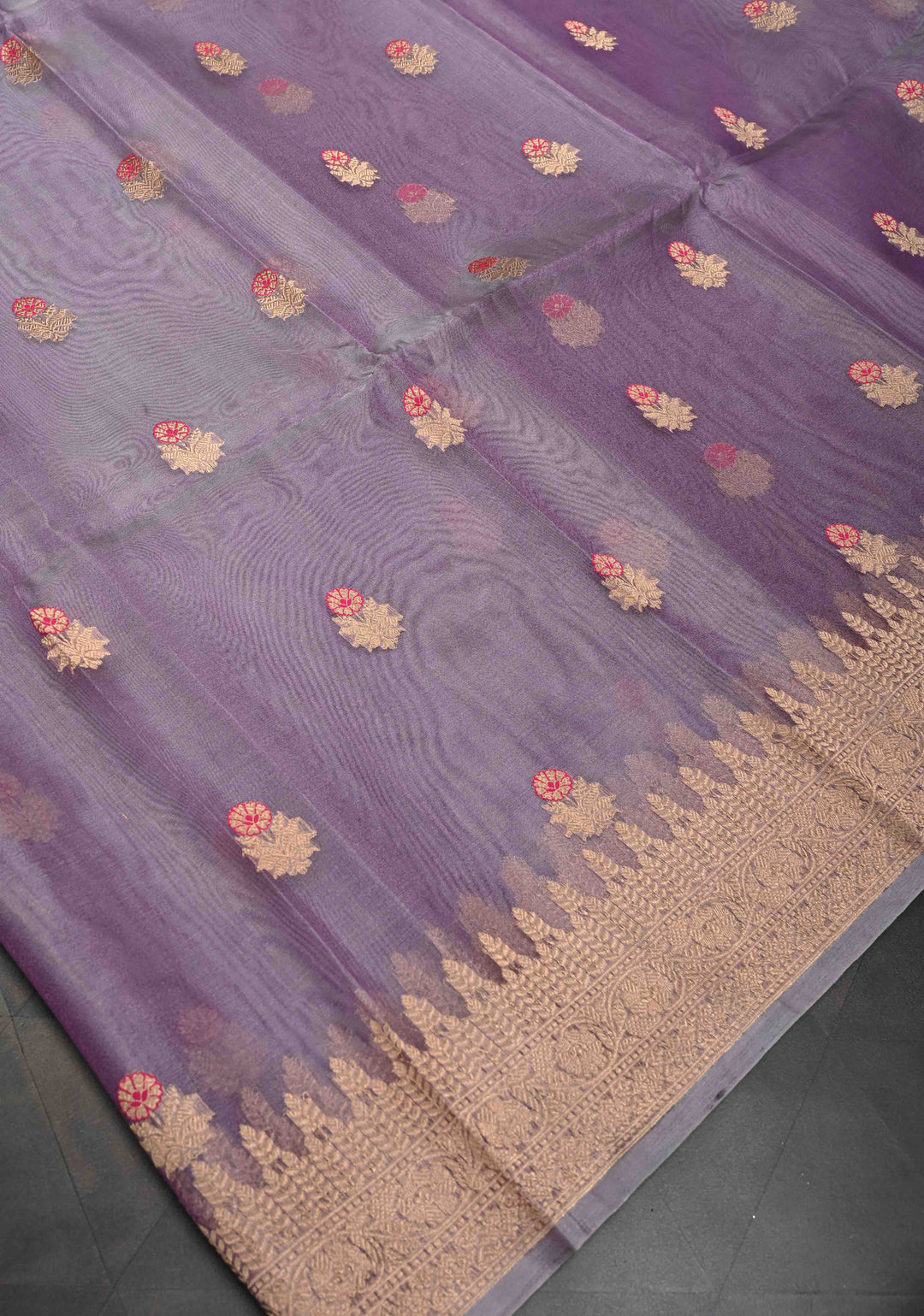 Purplish Grey Pure Banarasi Organza Silk Saree with Meenakari Buttas and Zari Border | SILK MARK CERTIFIED