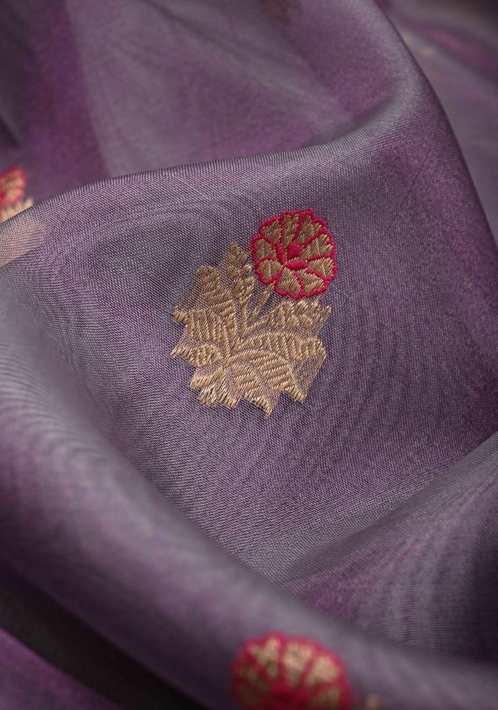 Purplish Grey Pure Banarasi Organza Silk Saree with Meenakari Buttas and Zari Border | SILK MARK CERTIFIED