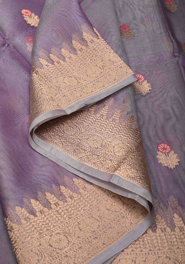 Purplish Grey Pure Banarasi Organza Silk Saree with Meenakari Buttas and Zari Border | SILK MARK CERTIFIED