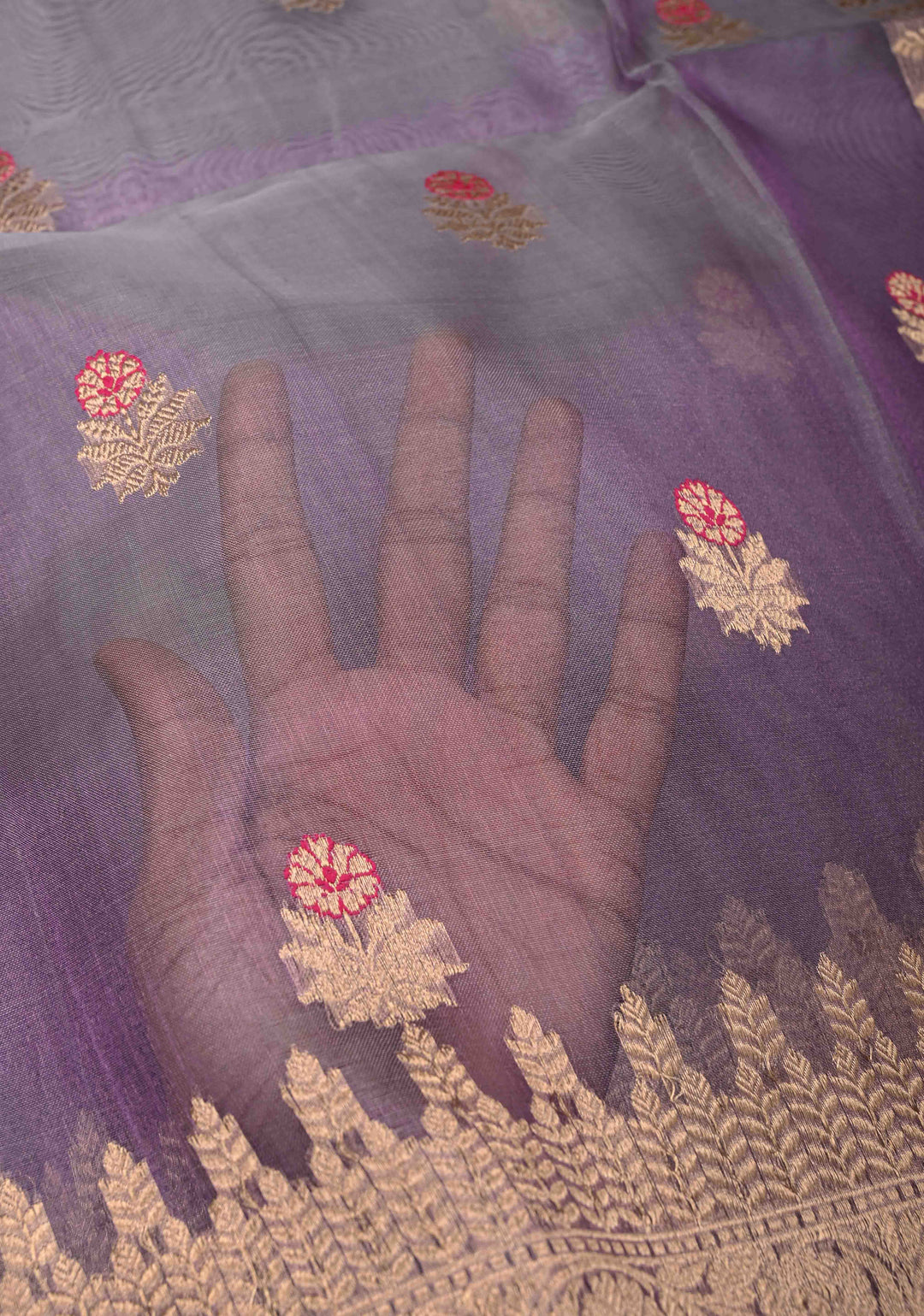 Purplish Grey Pure Banarasi Organza Silk Saree with Meenakari Buttas and Zari Border | SILK MARK CERTIFIED