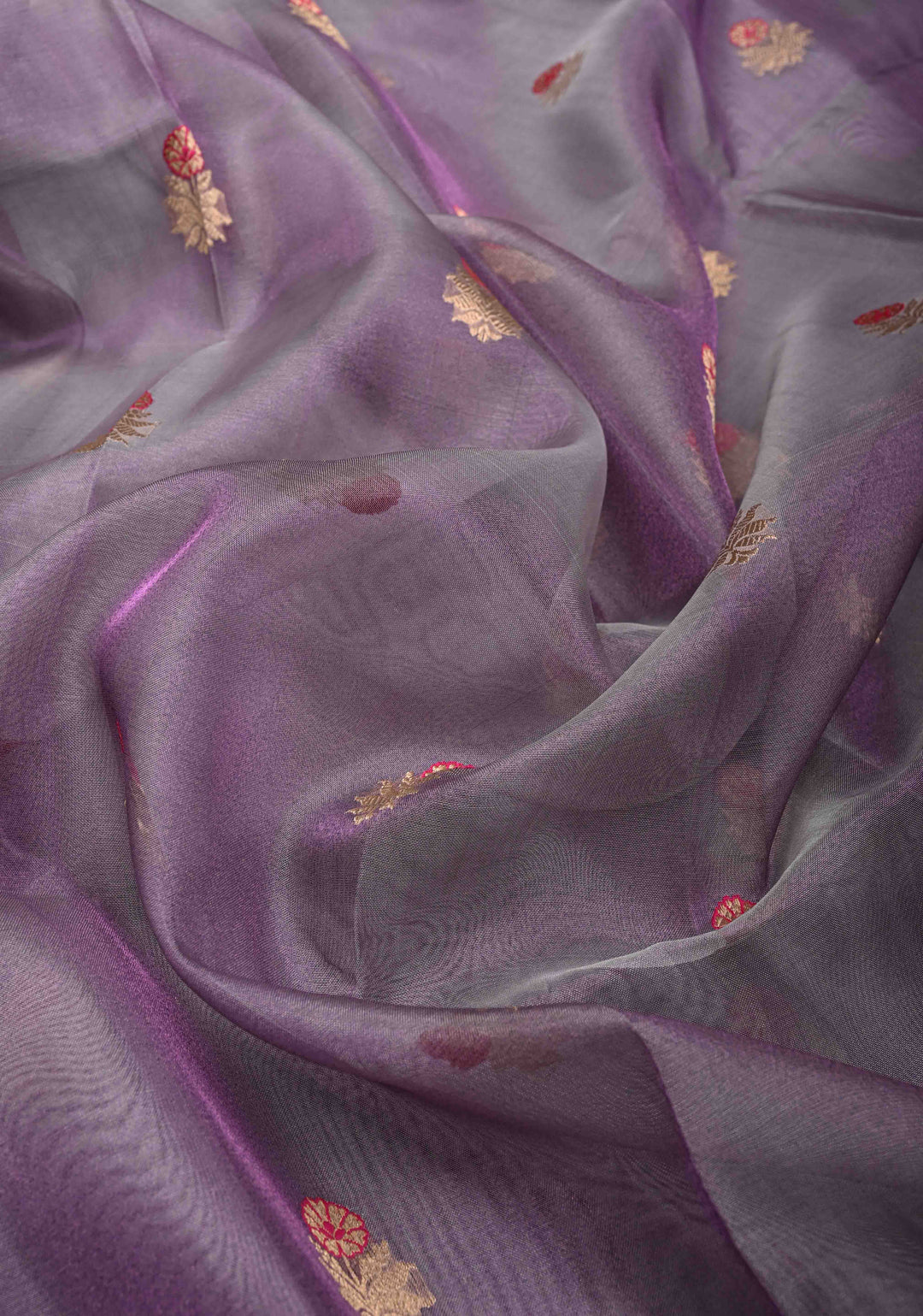 Purplish Grey Pure Banarasi Organza Silk Saree with Meenakari Buttas and Zari Border | SILK MARK CERTIFIED