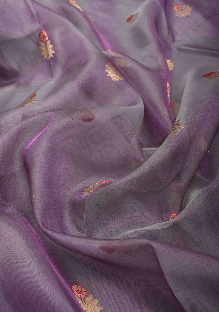 Purplish Grey Pure Banarasi Organza Silk Saree with Meenakari Buttas and Zari Border | SILK MARK CERTIFIED