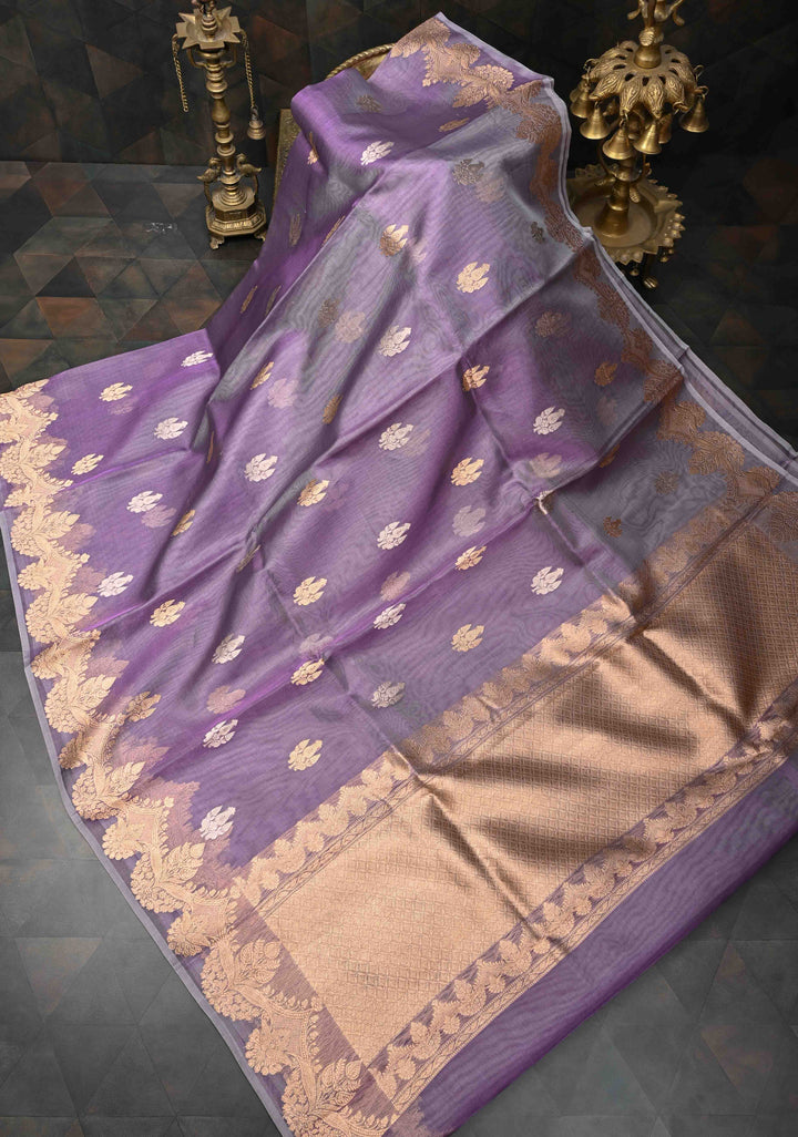 Stunning Lavender Pure Banarasi Organza Silk Saree with Zari Buttas and Scallop Border | SILK MARK CERTIFIED