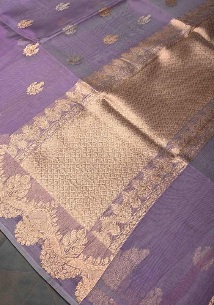 Stunning Lavender Pure Banarasi Organza Silk Saree with Zari Buttas and Scallop Border | SILK MARK CERTIFIED