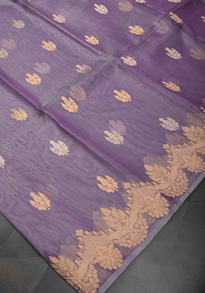 Stunning Lavender Pure Banarasi Organza Silk Saree with Zari Buttas and Scallop Border | SILK MARK CERTIFIED