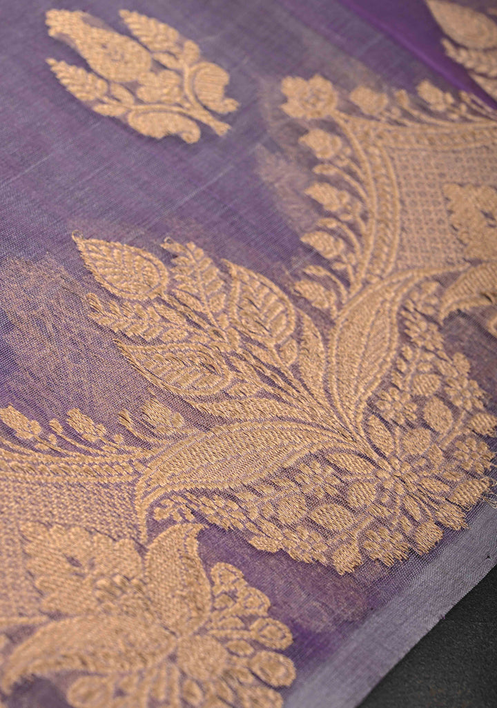 Stunning Lavender Pure Banarasi Organza Silk Saree with Zari Buttas and Scallop Border | SILK MARK CERTIFIED
