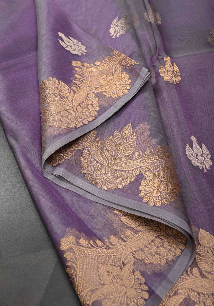 Stunning Lavender Pure Banarasi Organza Silk Saree with Zari Buttas and Scallop Border | SILK MARK CERTIFIED