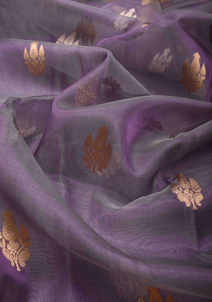 Stunning Lavender Pure Banarasi Organza Silk Saree with Zari Buttas and Scallop Border | SILK MARK CERTIFIED