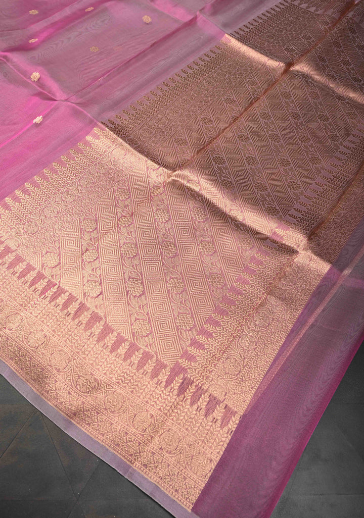 Turkish Rose Pure Banarasi Organza Silk Saree with Zari Buttas and Zari Border | SILK MARK CERTIFIED
