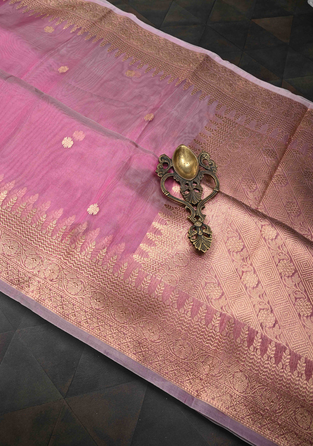 Turkish Rose Pure Banarasi Organza Silk Saree with Zari Buttas and Zari Border | SILK MARK CERTIFIED