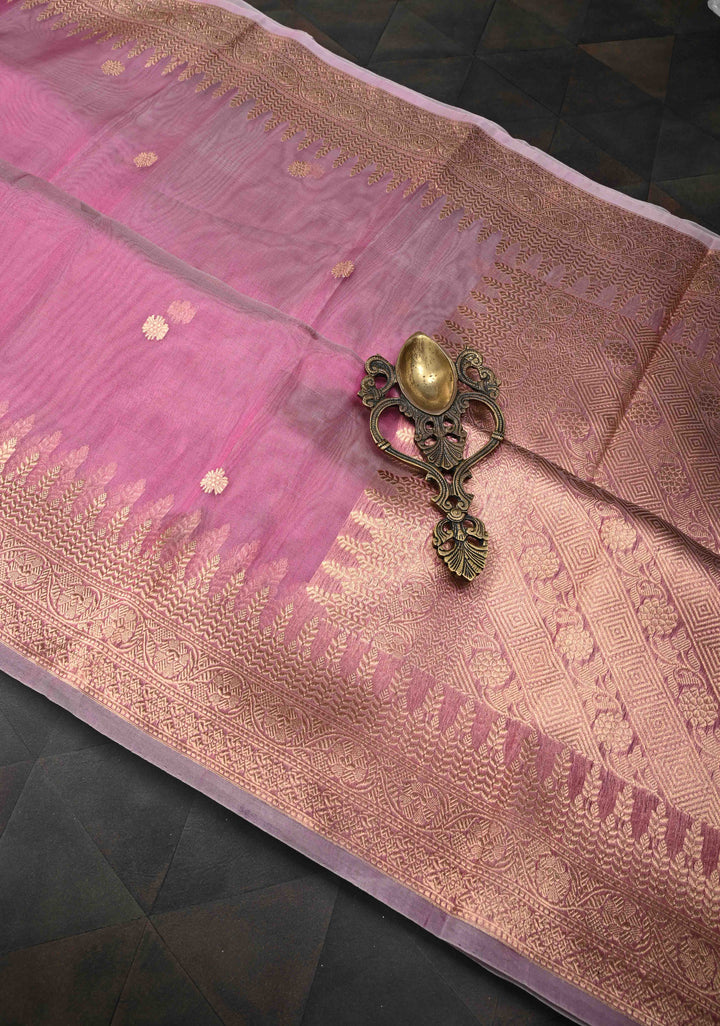 Turkish Rose Pure Banarasi Organza Silk Saree with Zari Buttas and Zari Border | SILK MARK CERTIFIED