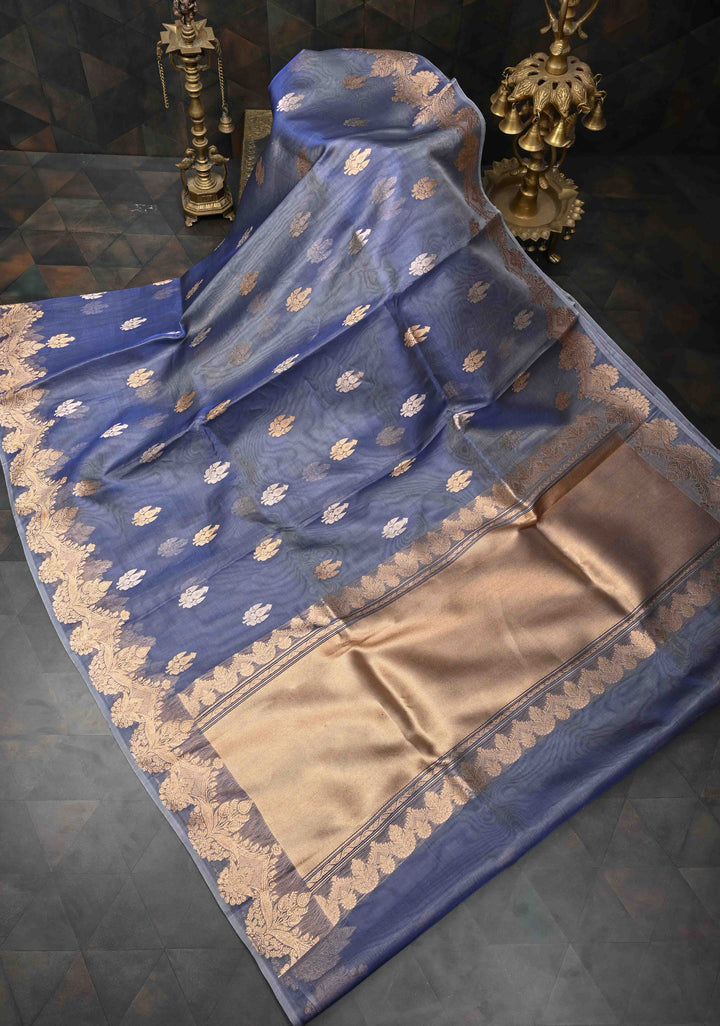 Stone Blue Pure Banarasi Organza Silk Saree with Zari Buttas and Scallop Border | SILK MARK CERTIFIED