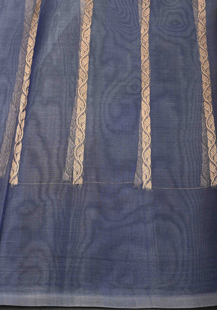 Stone Blue Pure Banarasi Organza Silk Saree with Zari Buttas and Scallop Border | SILK MARK CERTIFIED