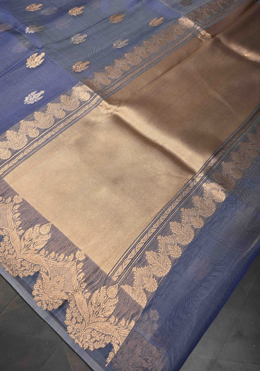 Stone Blue Pure Banarasi Organza Silk Saree with Zari Buttas and Scallop Border | SILK MARK CERTIFIED