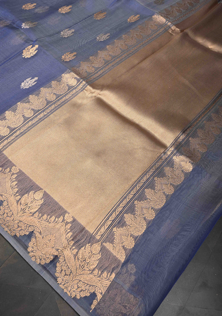 Stone Blue Pure Banarasi Organza Silk Saree with Zari Buttas and Scallop Border | SILK MARK CERTIFIED