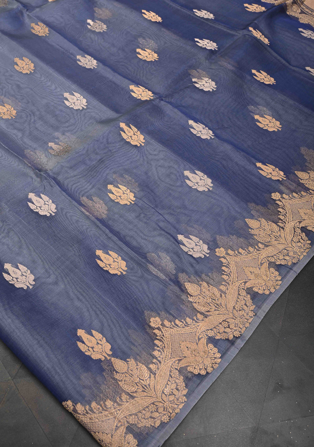 Stone Blue Pure Banarasi Organza Silk Saree with Zari Buttas and Scallop Border | SILK MARK CERTIFIED