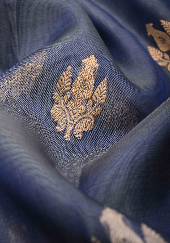 Stone Blue Pure Banarasi Organza Silk Saree with Zari Buttas and Scallop Border | SILK MARK CERTIFIED