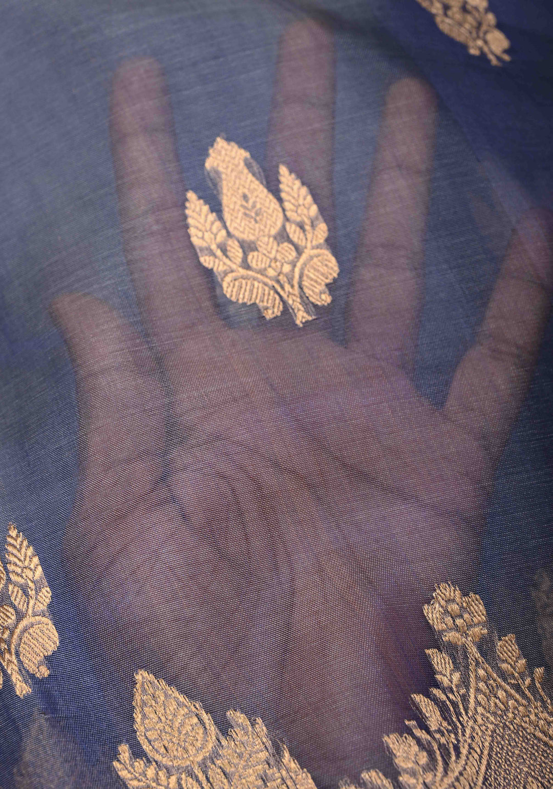 Stone Blue Pure Banarasi Organza Silk Saree with Zari Buttas and Scallop Border | SILK MARK CERTIFIED