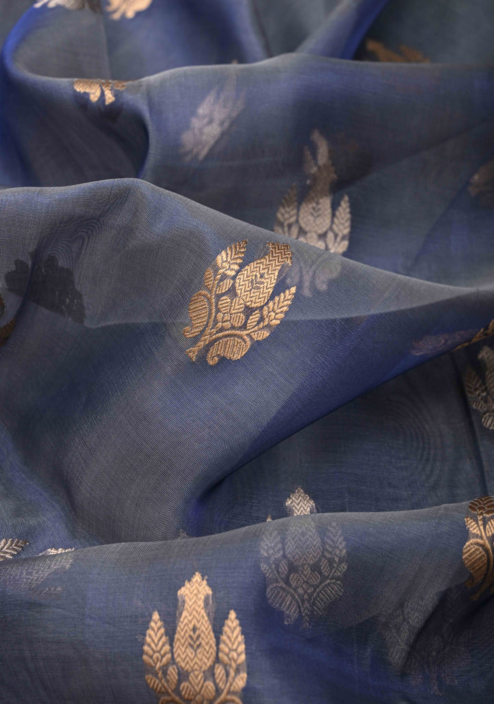 Stone Blue Pure Banarasi Organza Silk Saree with Zari Buttas and Scallop Border | SILK MARK CERTIFIED