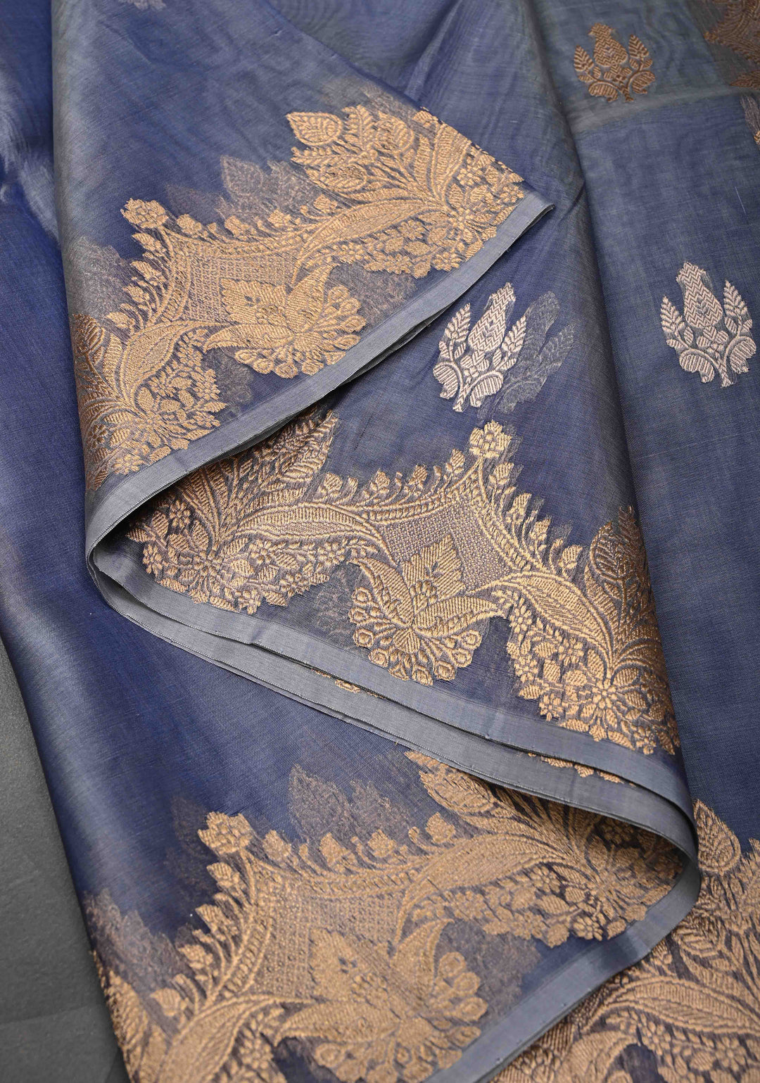 Stone Blue Pure Banarasi Organza Silk Saree with Zari Buttas and Scallop Border | SILK MARK CERTIFIED