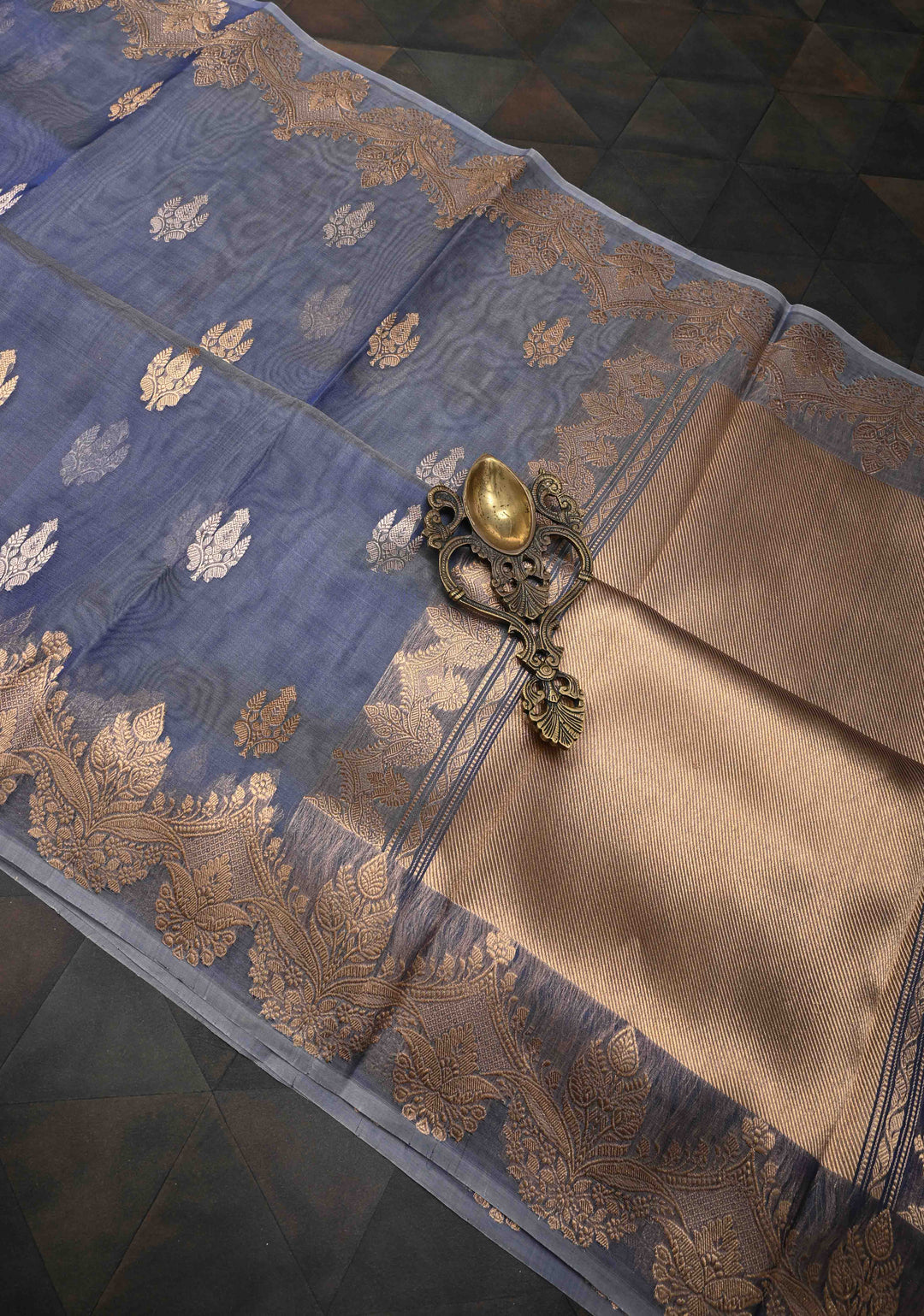Stone Blue Pure Banarasi Organza Silk Saree with Zari Buttas and Scallop Border | SILK MARK CERTIFIED