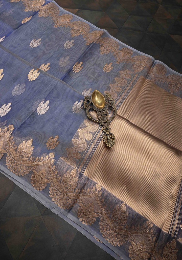 Stone Blue Pure Banarasi Organza Silk Saree with Zari Buttas and Scallop Border | SILK MARK CERTIFIED