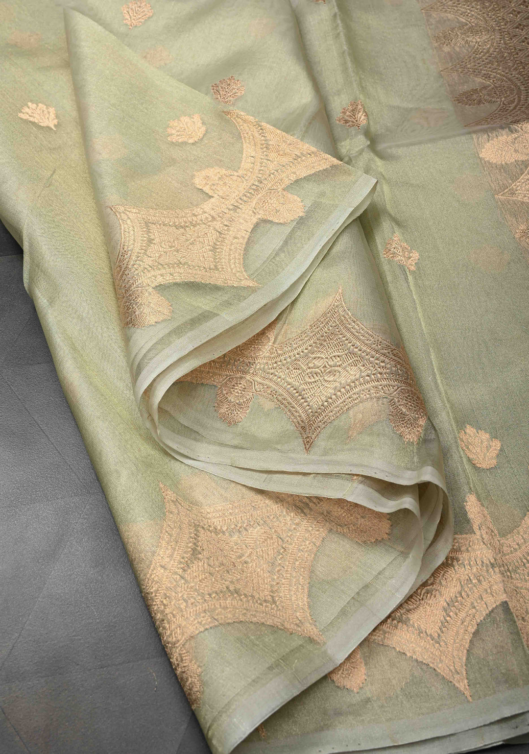 Sage Green Pure Banarasi Organza Tissue Silk Saree with Zari Buttas and Scallop Border | SILK MARK CERTIFIED
