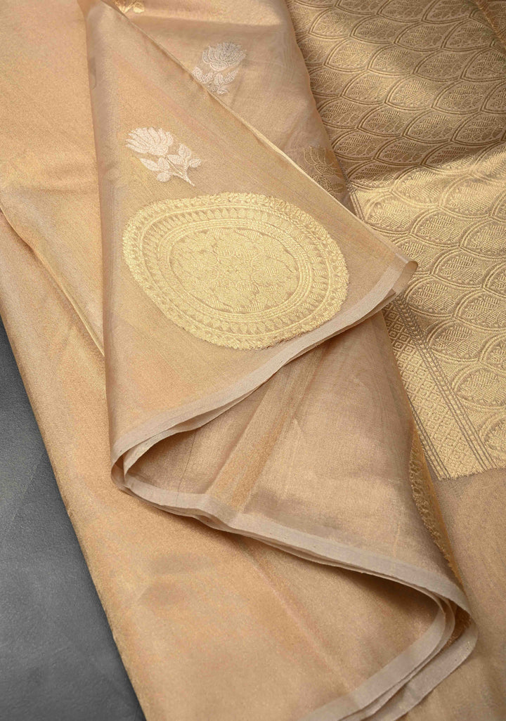 Golden Pure Banarasi Organza Tissue Silk Saree with Sona Rupa Buttas and distinct Mandala Motifs on Border | SILK MARK CERTIFIED