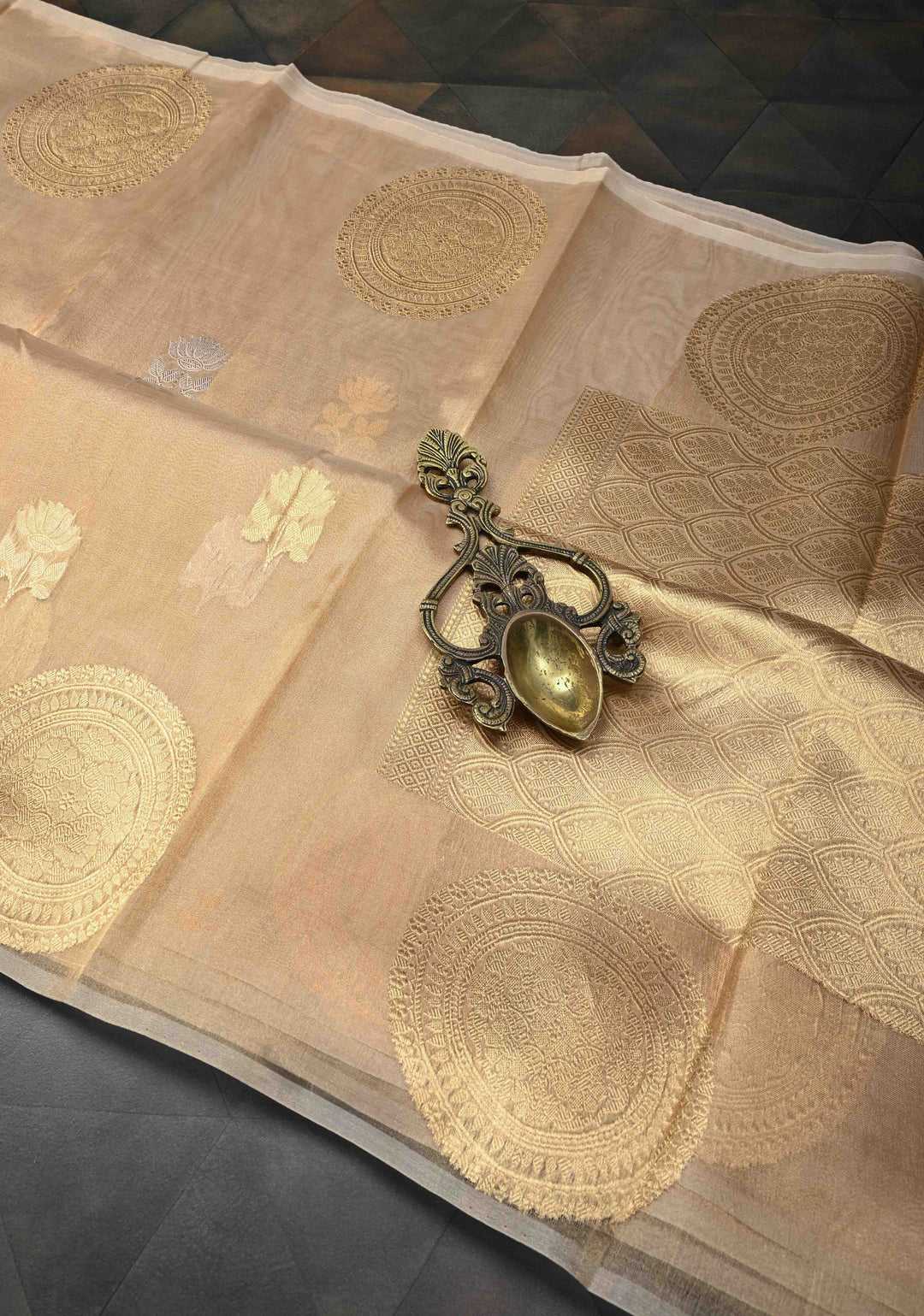 Golden Pure Banarasi Organza Tissue Silk Saree with Sona Rupa Buttas and distinct Mandala Motifs on Border | SILK MARK CERTIFIED