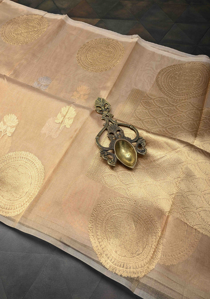 Golden Pure Banarasi Organza Tissue Silk Saree with Sona Rupa Buttas and distinct Mandala Motifs on Border | SILK MARK CERTIFIED