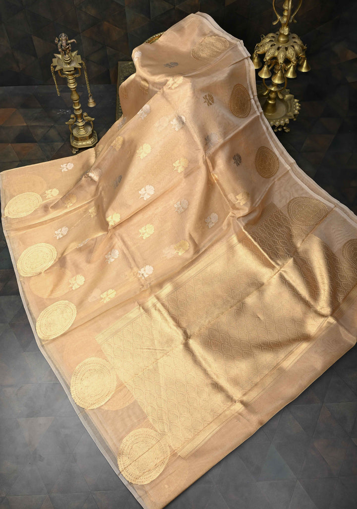 Golden Pure Banarasi Organza Tissue Silk Saree with Sona Rupa Buttas and distinct Mandala Motifs on Border | SILK MARK CERTIFIED