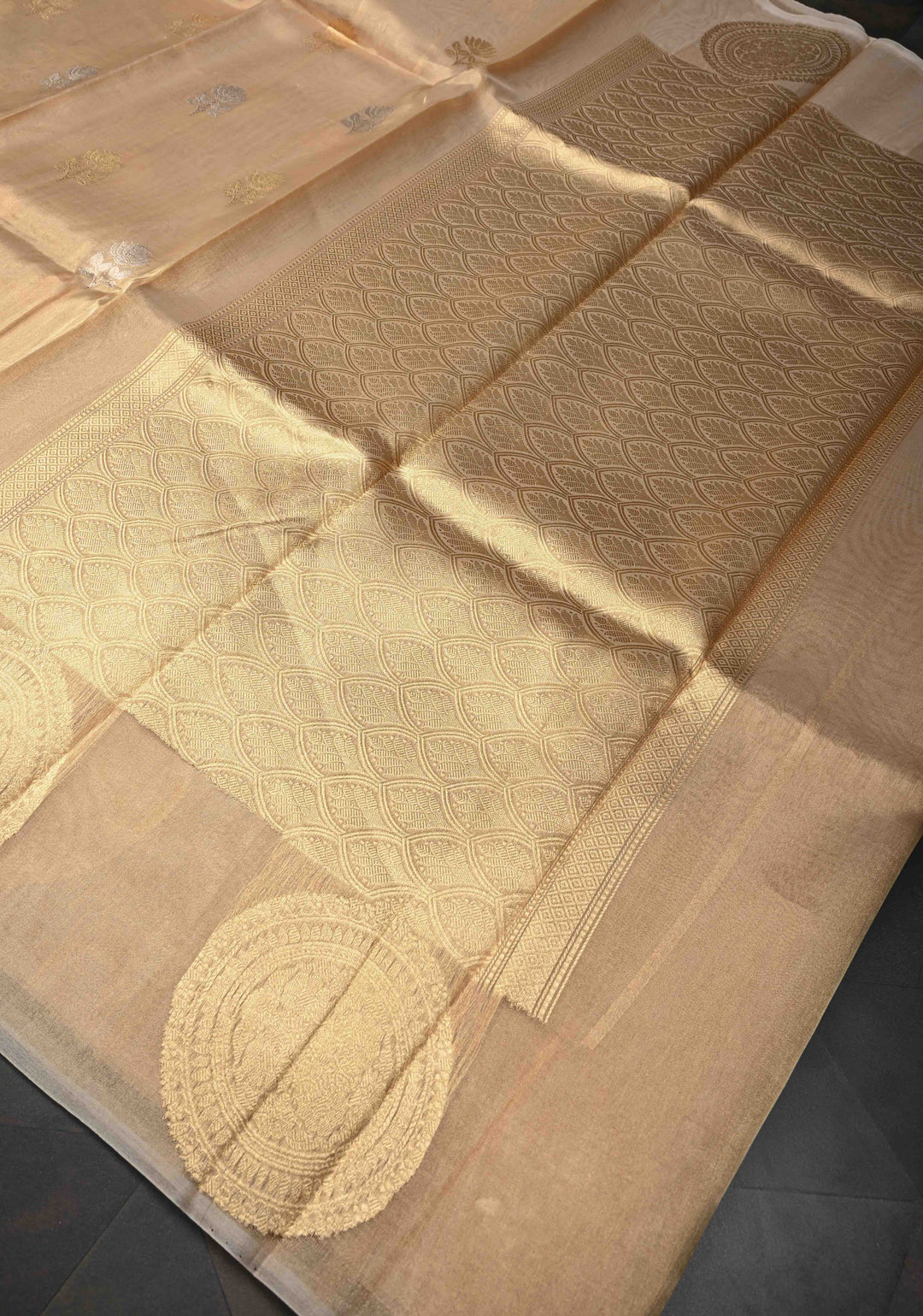 Golden Pure Banarasi Organza Tissue Silk Saree with Sona Rupa Buttas and distinct Mandala Motifs on Border | SILK MARK CERTIFIED