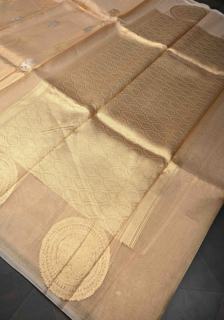 Golden Pure Banarasi Organza Tissue Silk Saree with Sona Rupa Buttas and distinct Mandala Motifs on Border | SILK MARK CERTIFIED