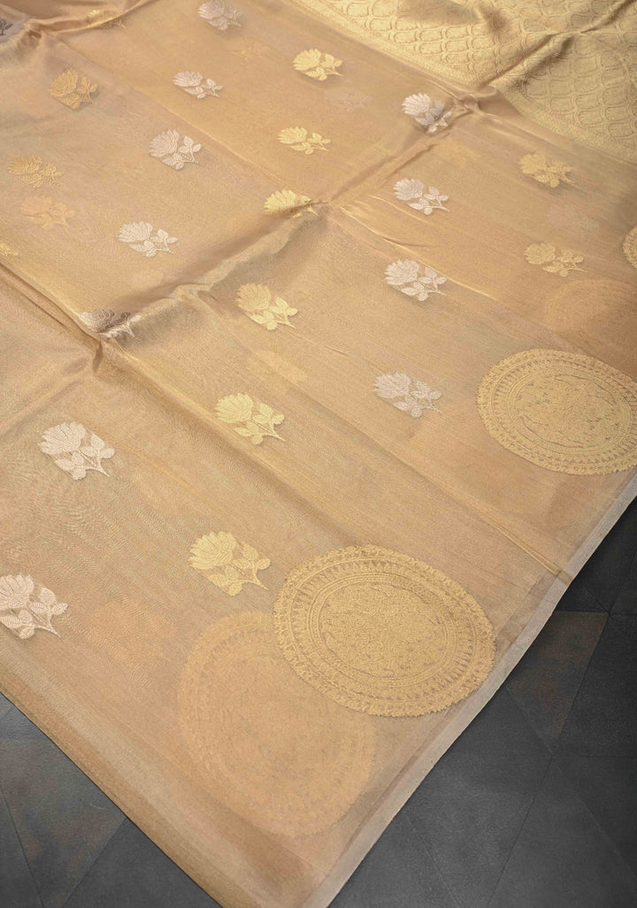Golden Pure Banarasi Organza Tissue Silk Saree with Sona Rupa Buttas and distinct Mandala Motifs on Border | SILK MARK CERTIFIED
