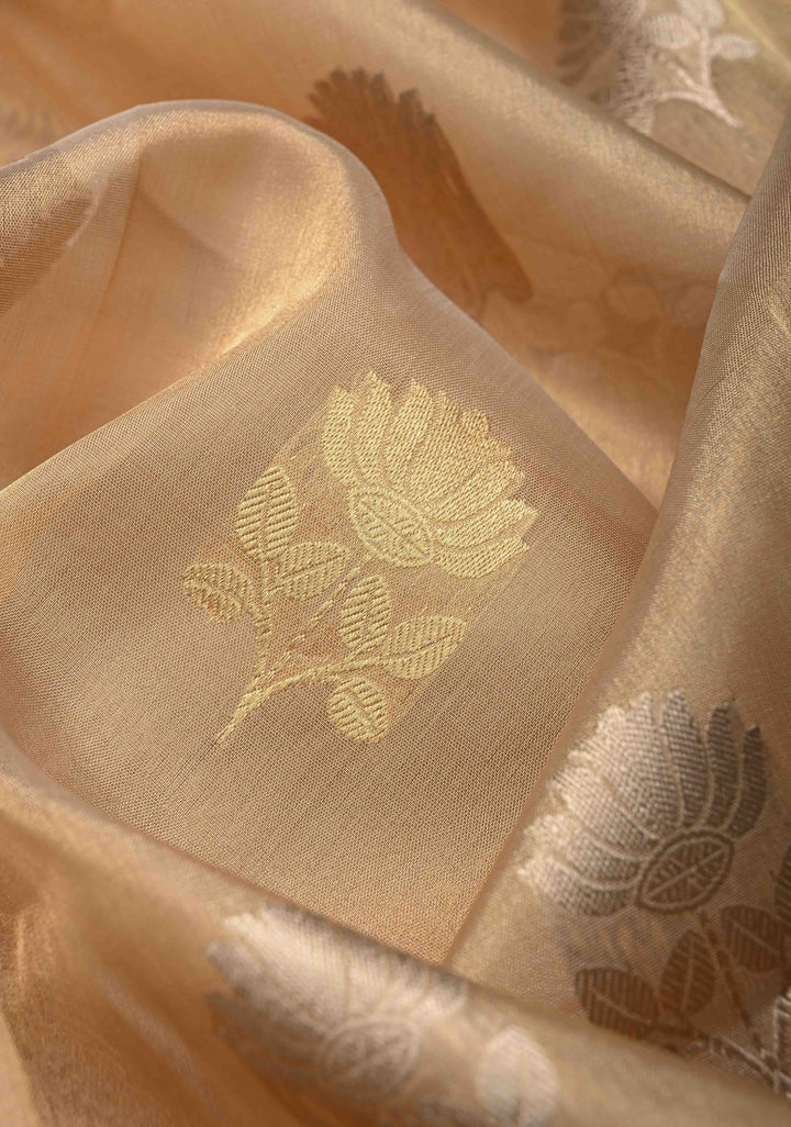 Golden Pure Banarasi Organza Tissue Silk Saree with Sona Rupa Buttas and distinct Mandala Motifs on Border | SILK MARK CERTIFIED