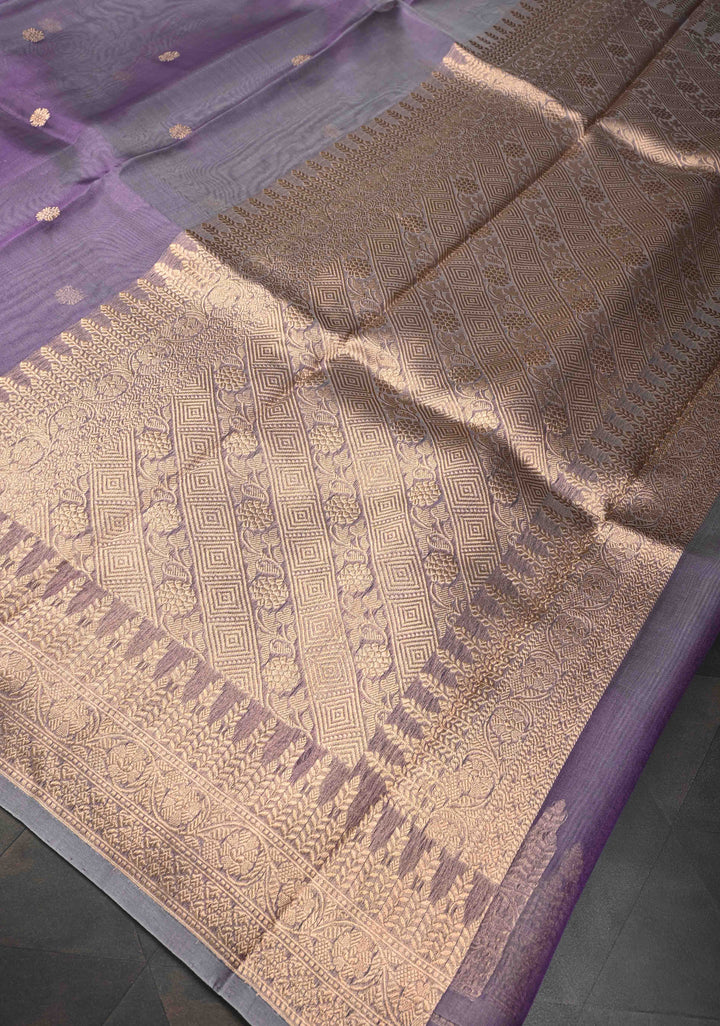 Amethyst Pure Banarasi Organza Silk Saree with Zari Buttis and Zari Border | SILK MARK CERTIFIED