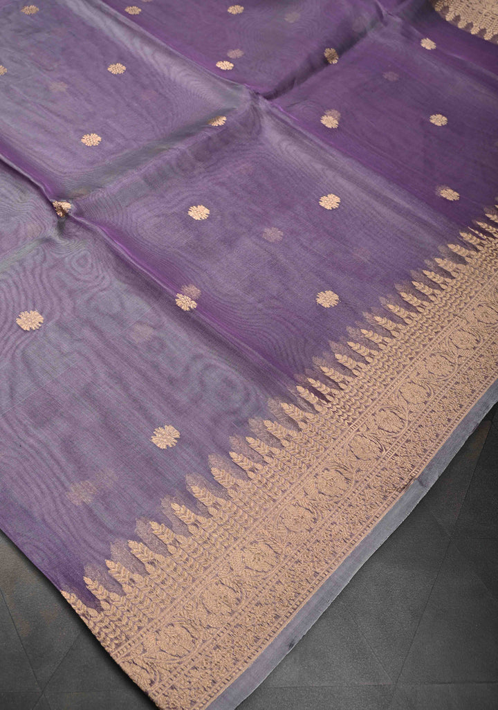 Amethyst Pure Banarasi Organza Silk Saree with Zari Buttis and Zari Border | SILK MARK CERTIFIED