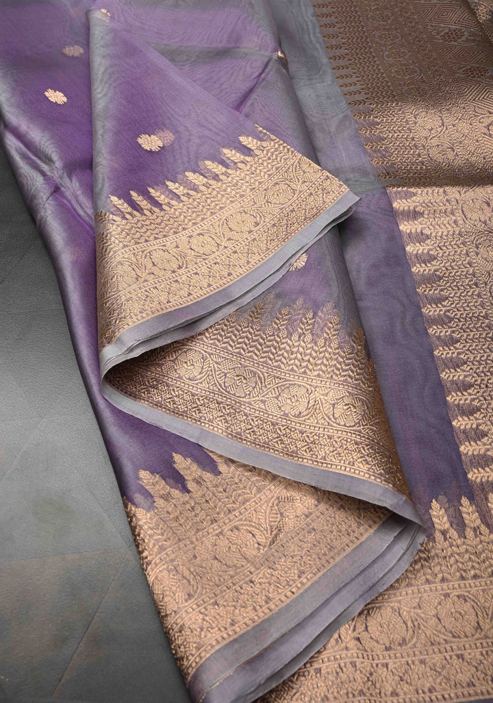 Amethyst Pure Banarasi Organza Silk Saree with Zari Buttis and Zari Border | SILK MARK CERTIFIED